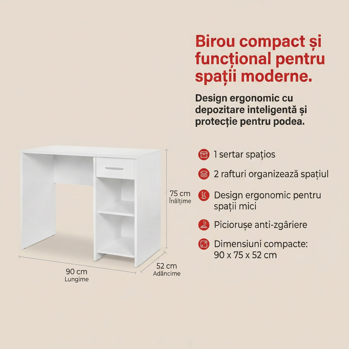 Birou Modern CMS-505-BB-1 Home Collection® Concept cu Sertar și 2 Rafturi, Alb - Maro - Stejar - Antracit, 90x52x75 cm - Alb | SKU: CMS-505-BB-1, CMS-505-OO-1, CMS-505-FF-1, CMS-505-AA-1