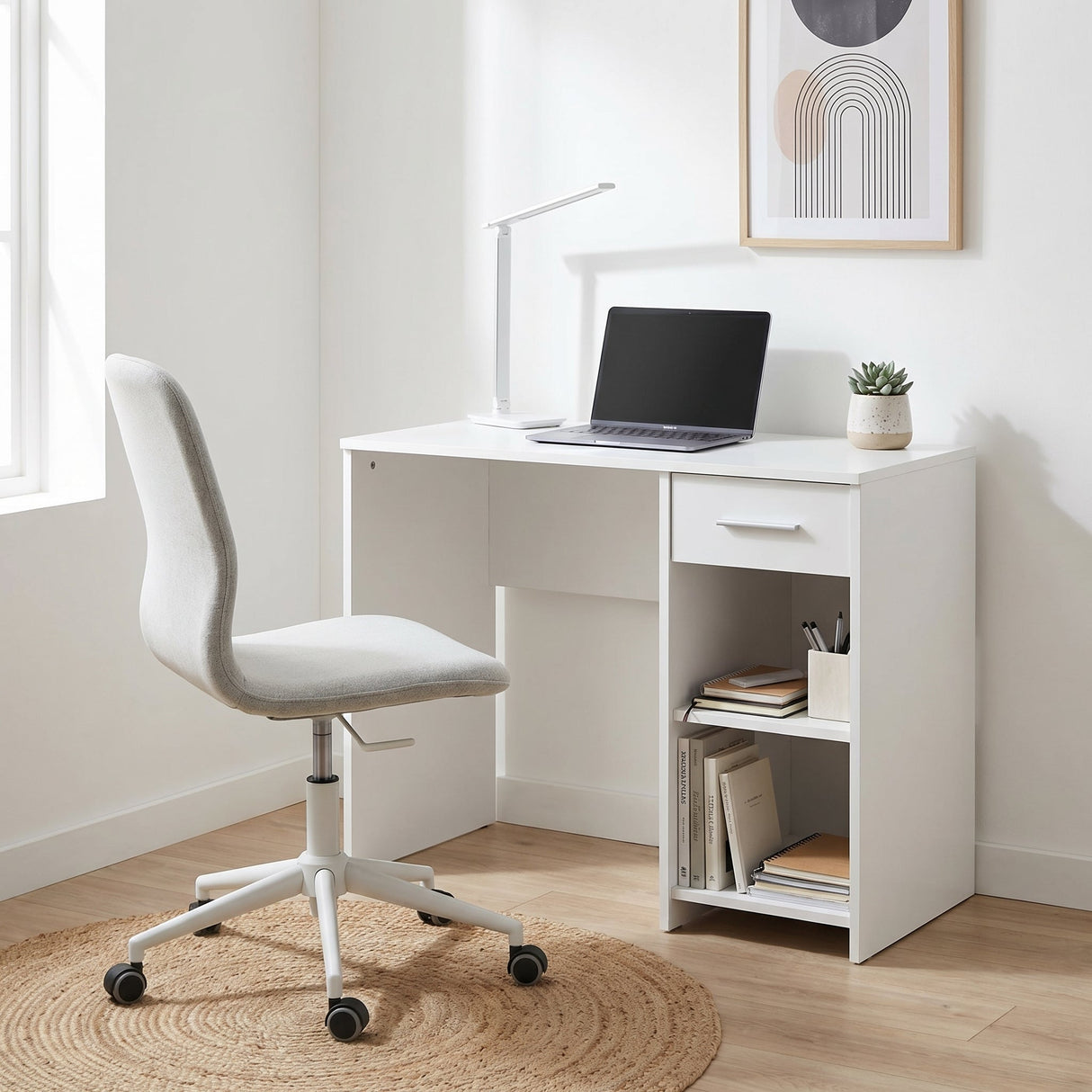 Birou Modern CMS-505-BB-1 Home Collection® Concept cu Sertar și 2 Rafturi, Alb - Maro - Stejar - Antracit, 90x52x75 cm - Alb | SKU: CMS-505-BB-1