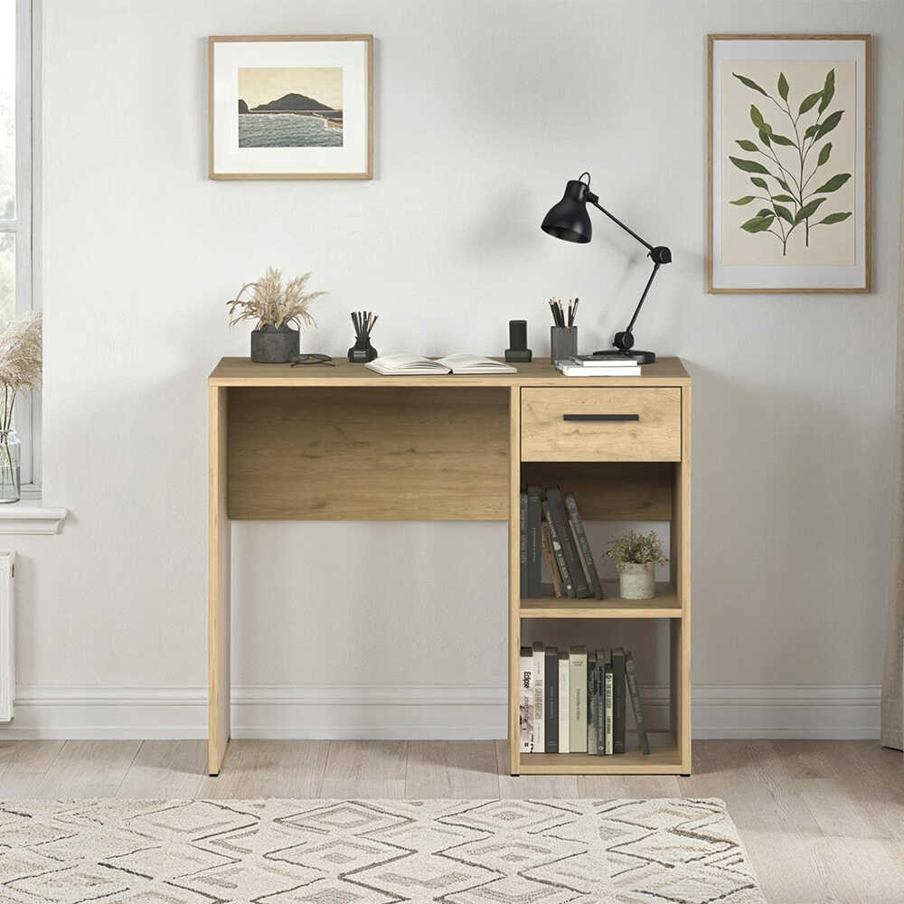 Birou Modern CMS-505-BB-1 Home Collection® Concept cu Sertar și 2 Rafturi, Alb - Maro - Stejar - Antracit, 90x52x75 cm - Stejar | SKU: CMS-505-FF-1