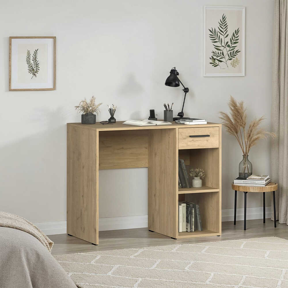 Birou Modern CMS-505-BB-1 Home Collection® Concept cu Sertar și 2 Rafturi, Alb - Maro - Stejar - Antracit, 90x52x75 cm - Stejar | SKU: CMS-505-FF-1