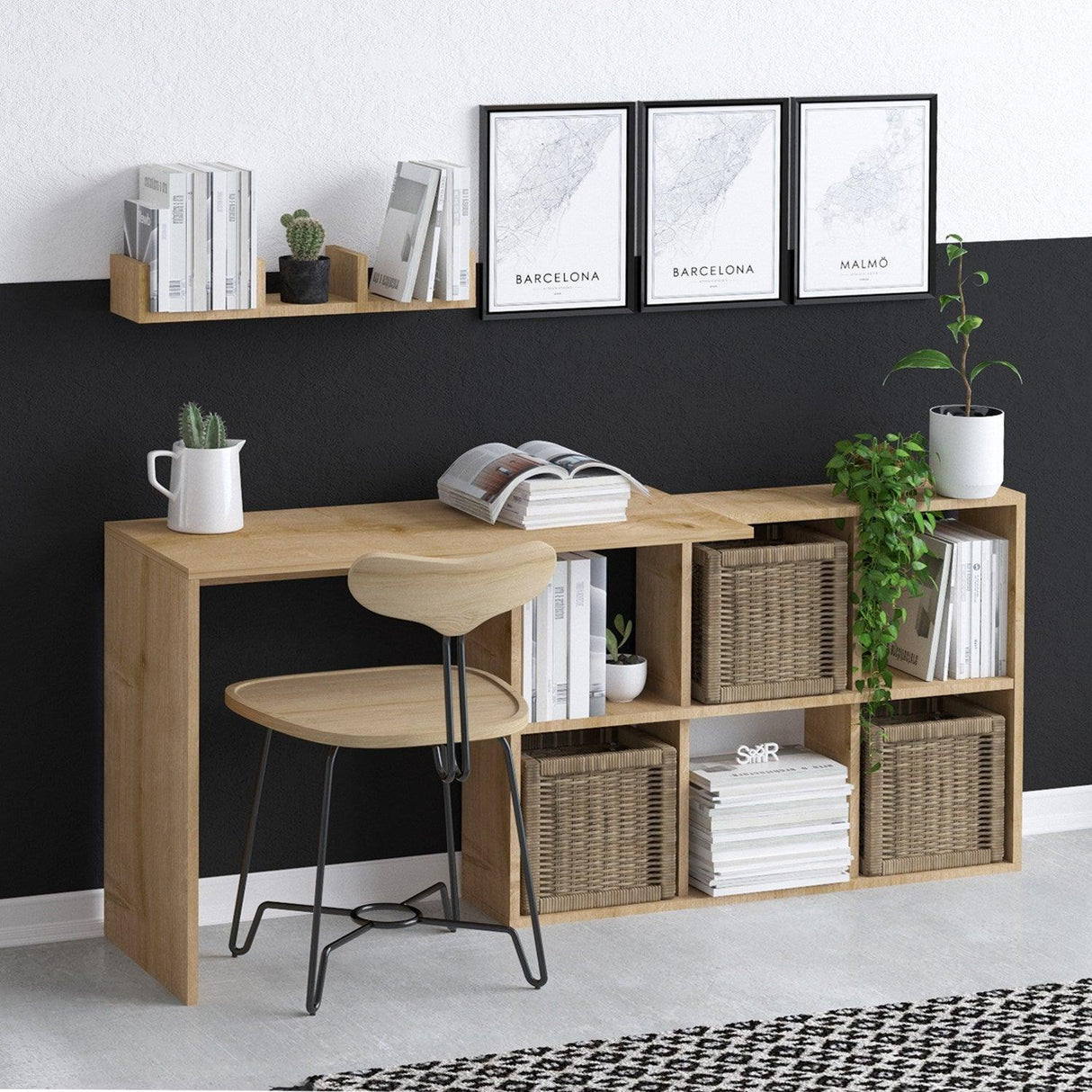 Birou Multifunctional Blake cu Rafturi, Stejar, 145x74x45 cm
