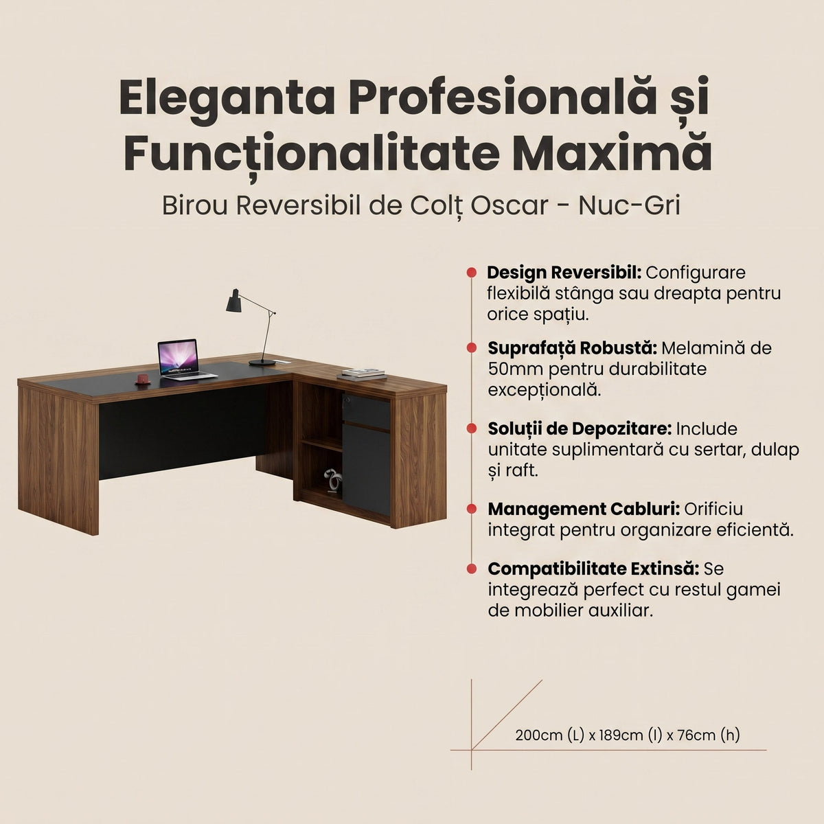 Birou reversibil de colt Oscar, nuc-Gri, 200x189x76 cm, detaliu produs