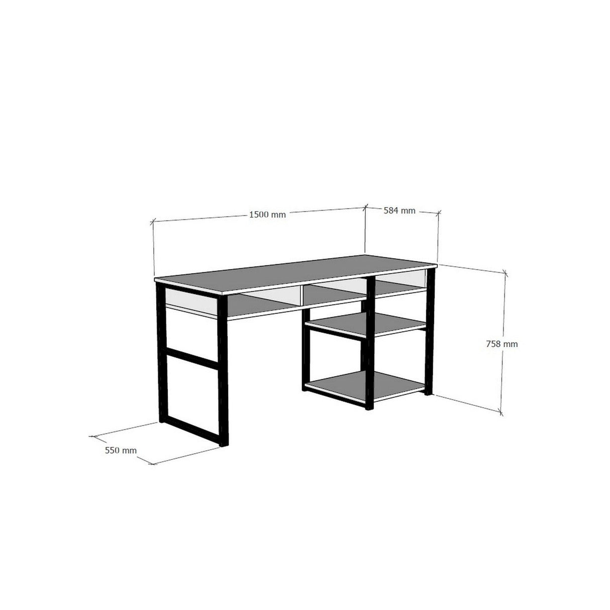 Birou Serho cu 5 rafturi, Alb - Negru, 150x59x76 cm