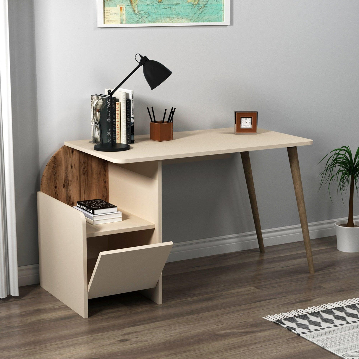 Birou Suave cu Rollbox Design Elegant, Nuc, 125x74x60 cm