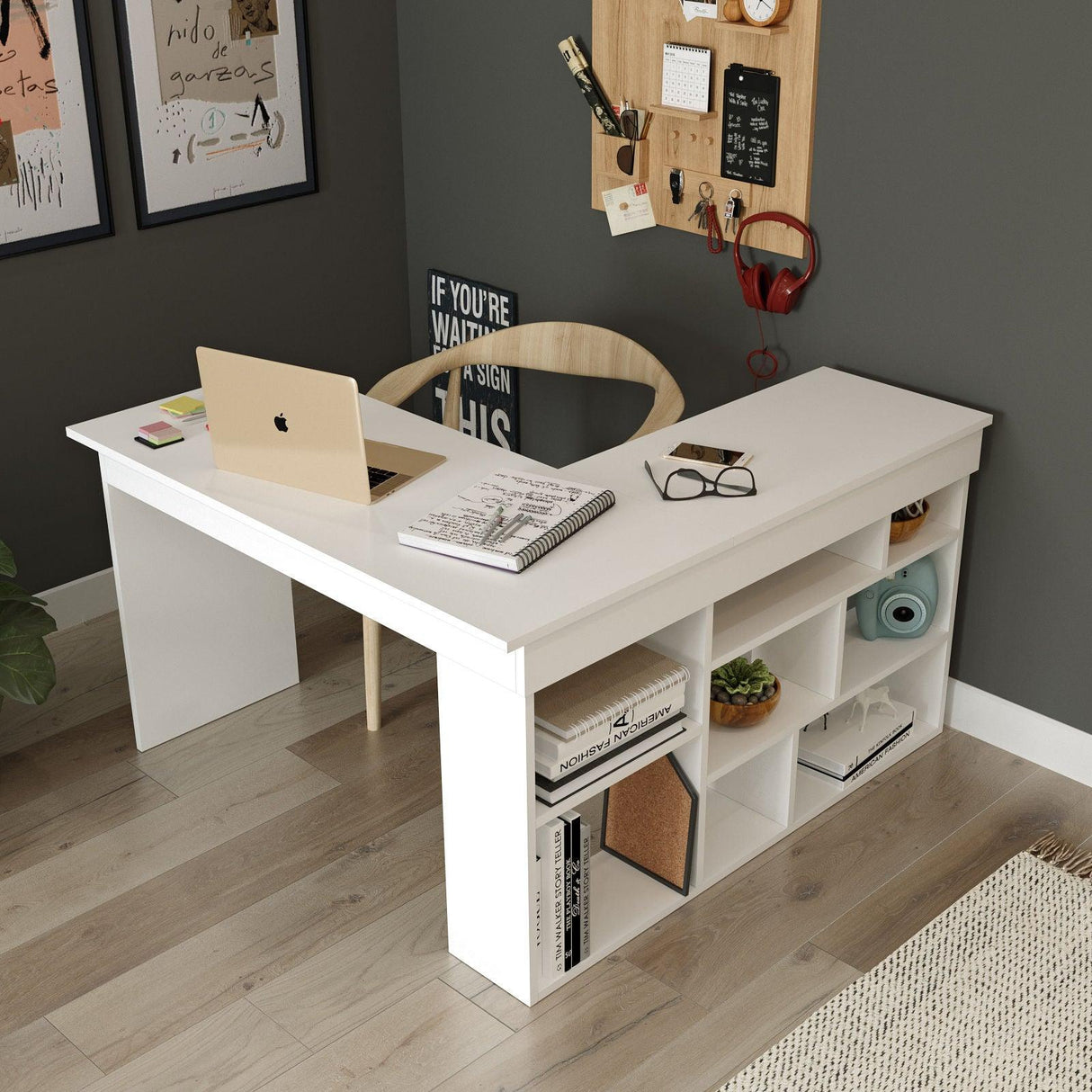 Birou Zellow Tip L cu Rafturi, 129x72x120 cm - Alb