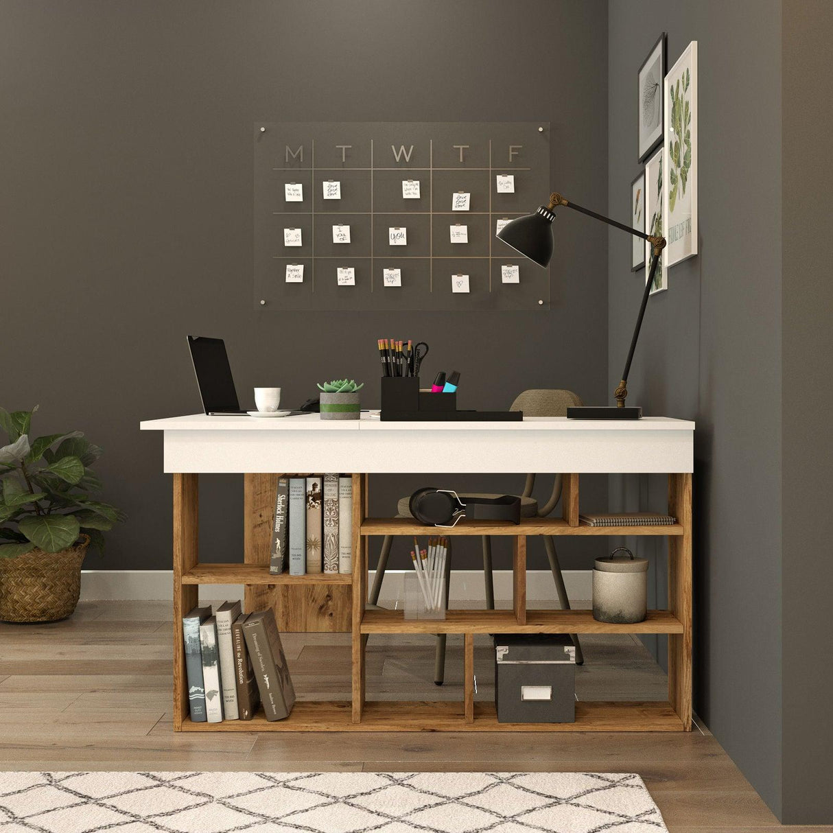 Birou Zellow Tip L cu Rafturi, 129x72x120 cm - Stejar