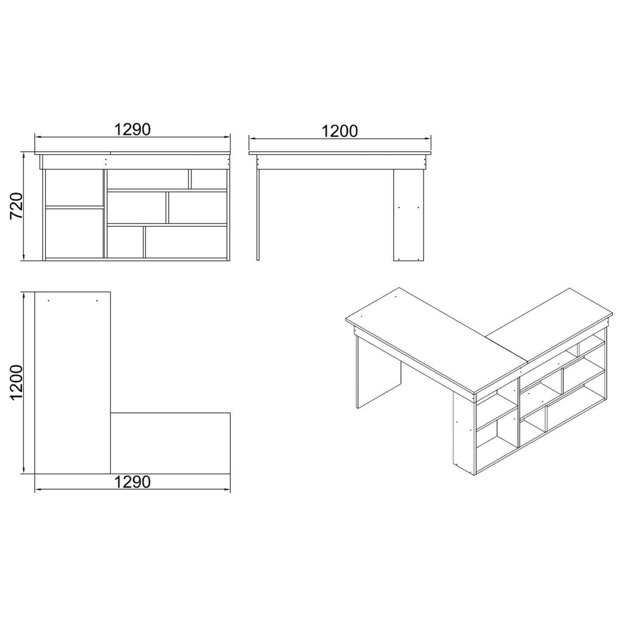 Birou Zellow Tip L cu Rafturi, 129x72x120 cm - Alb