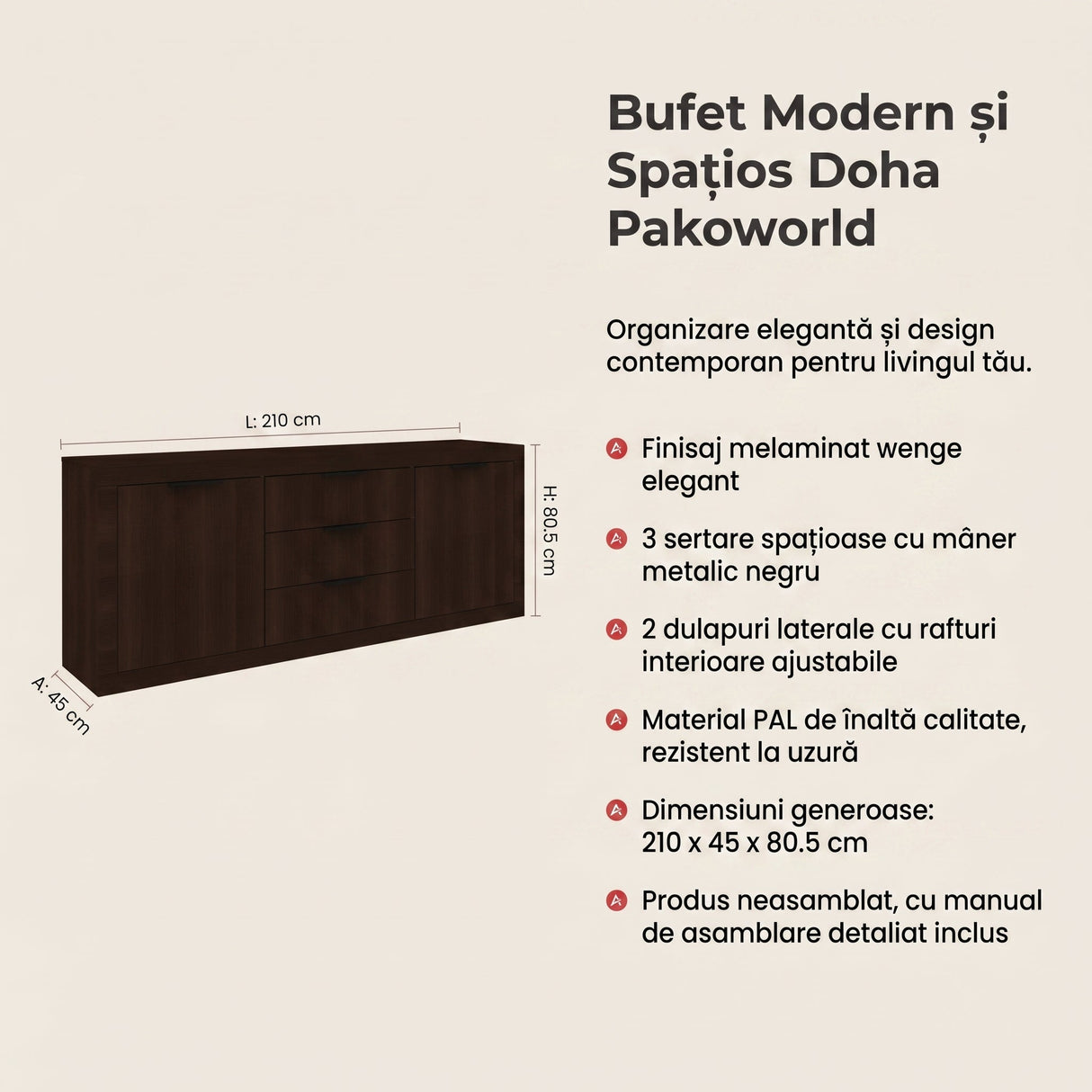 Bufet cu funcție de depozitare Doha, Antracit - Nuc, 210x45x80 cm - Nuc
