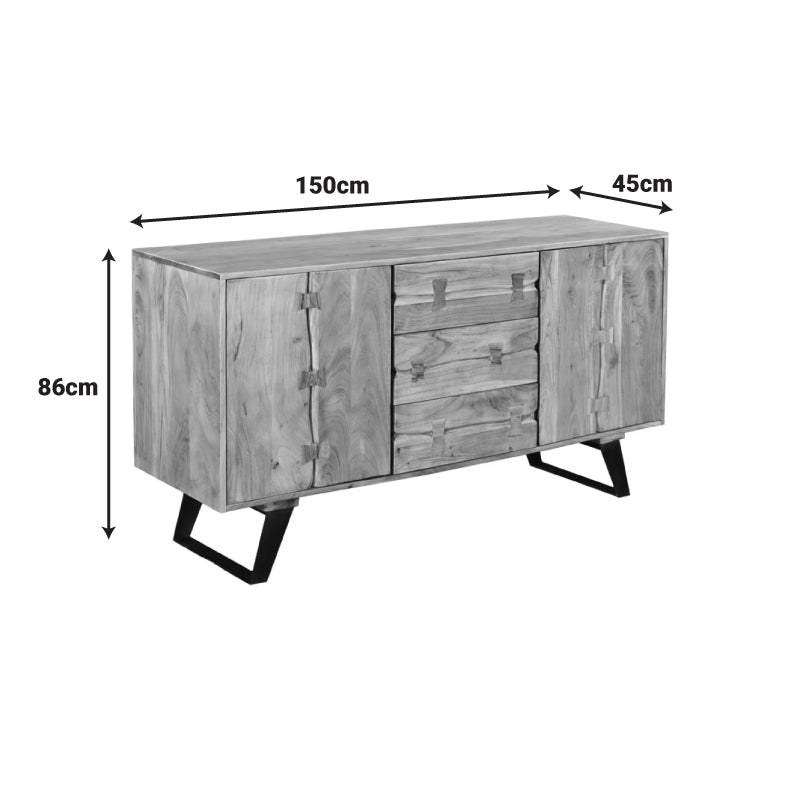 Bufet din lemn de salcâm masiv Leontina, cu picioare de metal negru, 150x45x86 cm