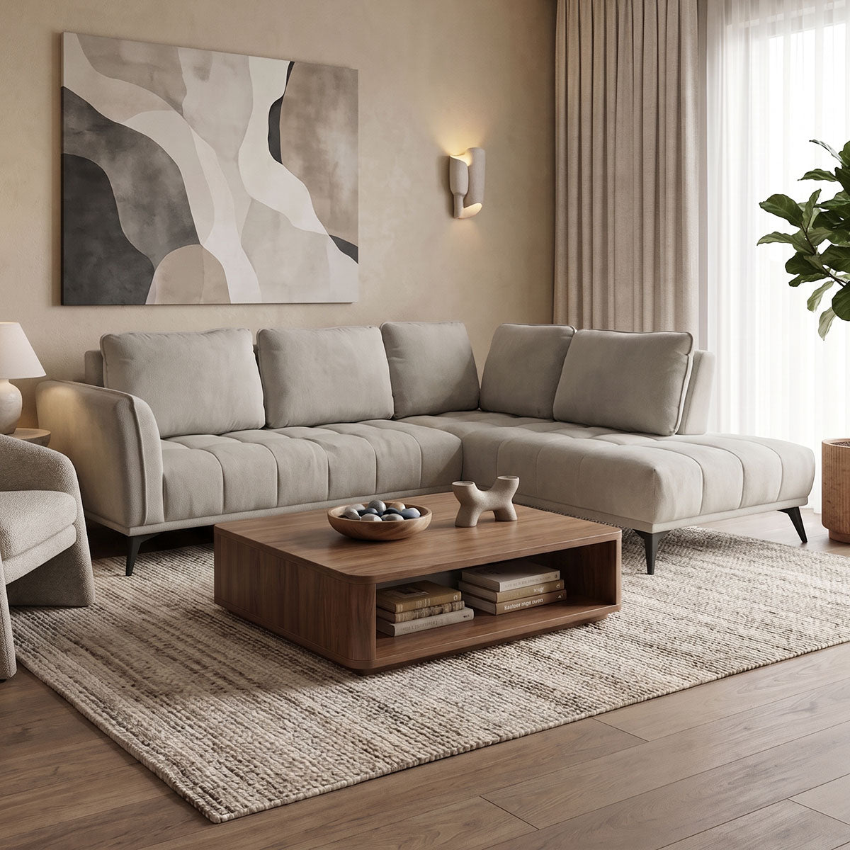 Canapea Belanza, colț stânga, Diverse culori, 265x213x90 cm - Bej - Gri | SKU: 371-000045 | Canapea Belanza, colț stânga, 265x213x90 cm, varianta Bej - Gri, produs pentru amenajarea locuinței, disponibil online în România la CasaMob