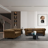 Canapea cu 3 locuri de tip Chesterfield, din tesatura maro antichizata, 203x84x67 cm