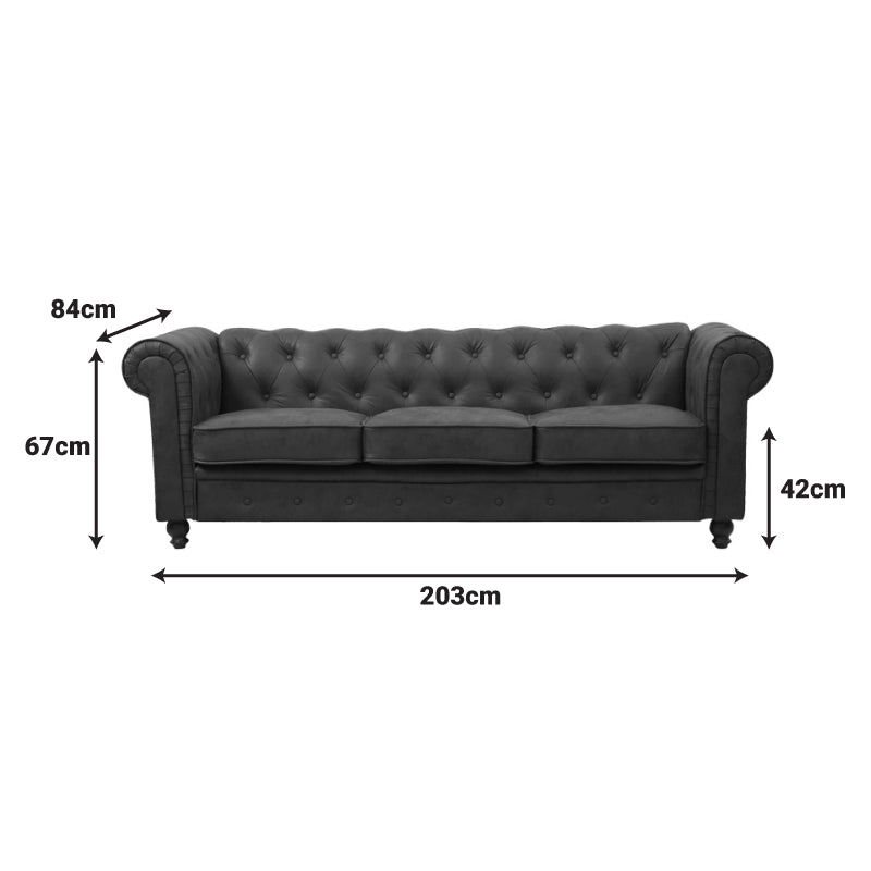 Canapea cu 3 locuri de tip Chesterfield, din tesatura maro antichizata, 203x84x67 cm