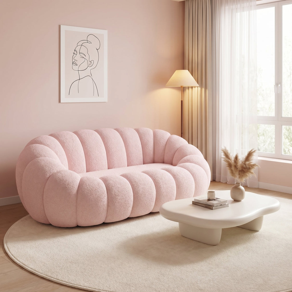Canapea cu funcție Embrace, Țesătură bouclé, Bej - Roz, 180x105x65 cm - Roz