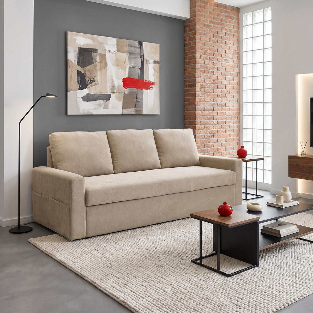 Bej - Gri | SKU: 074-000120 | Canapea extensibilă 3 locuri Keyla, 215x86x87 cm, varianta Bej - Gri, produs pentru amenajarea locuinței, disponibil online în România la CasaMob