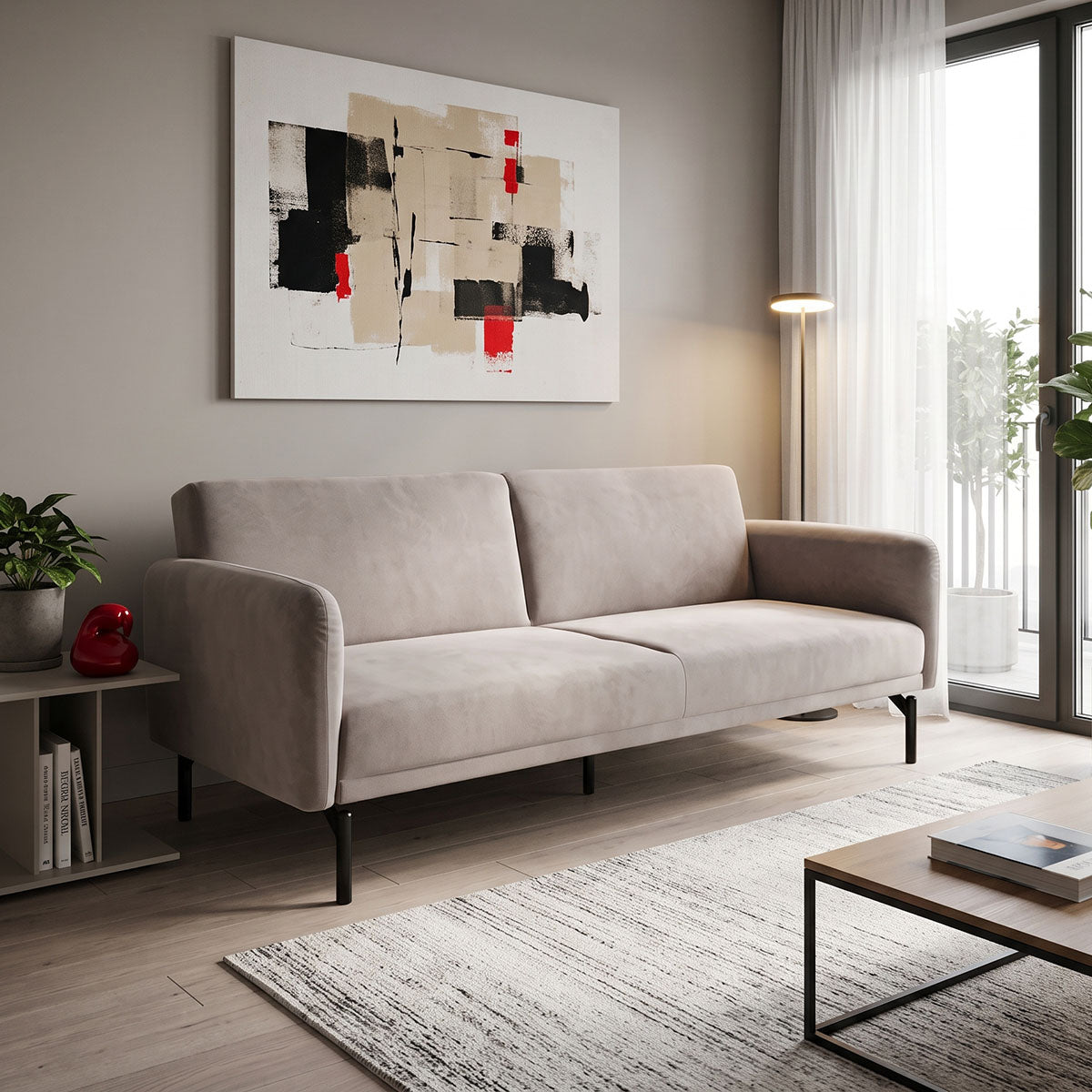 Canapea extensibilă 3 locuri Veluto, catifea, Diverse culori, 197x85x83 cm - Bej - Gri | SKU: 035-000119 | Canapea extensibilă 3 locuri Veluto, catifea, 197x85x83 cm, varianta Bej - Gri, produs pentru amenajarea locuinței, disponibil online în România la CasaMob