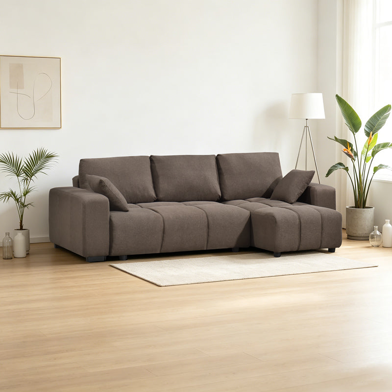 Canapea extensibilă Belda, colț reversibil, cu depozitare, Diverse culori, 246x138x82 cm - Maro | SKU: 389-000018 | Canapea extensibilă Belda, colț reversibil, cu depozitare, 246x138x82 cm, varianta Maro, produs pentru amenajarea locuinței, disponibil online în România la CasaMob