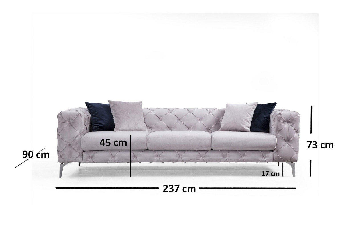 Canapea Fixa cu 3 Locuri Favalli, Chester, Gri deschis, 237x90x73 cm
