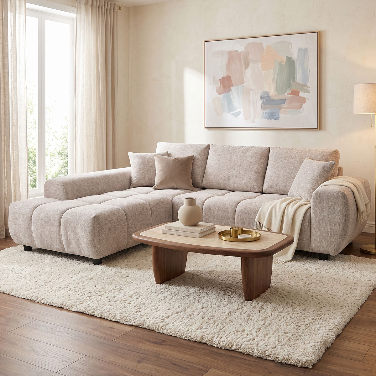 Canapea Londe, colț dreapta, Diverse culori, 273x211x92 cm - Bej - Gri | SKU: 371-000036 | Canapea Londe, colț dreapta, 273x211x92 cm, varianta Bej - Gri, produs pentru amenajarea locuinței, disponibil online în România la CasaMob
