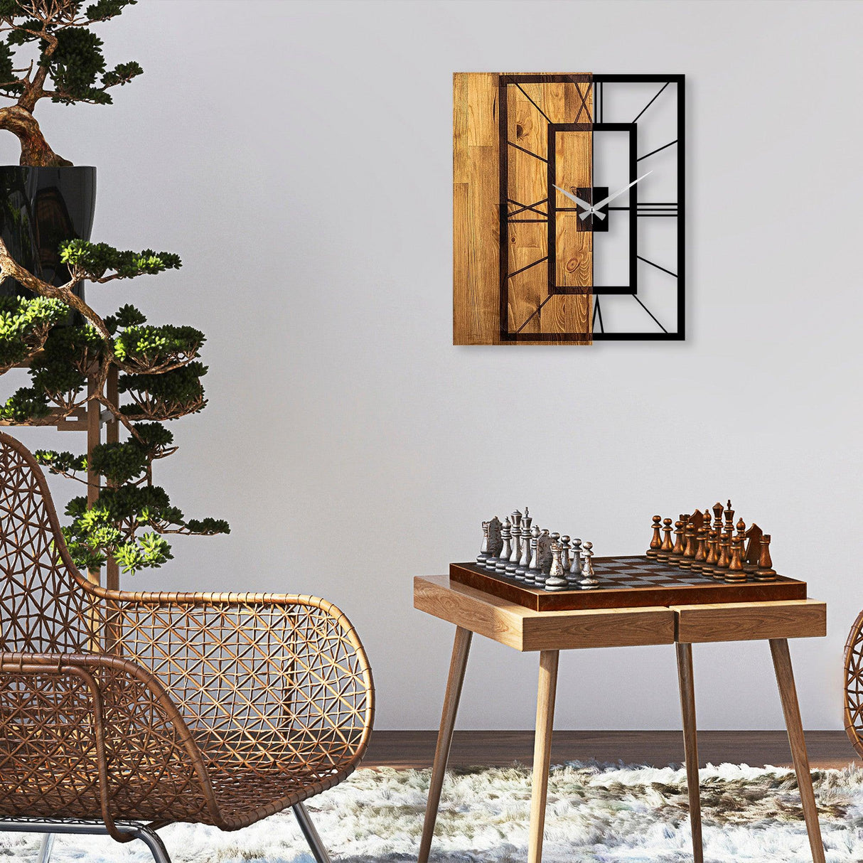 Ceas de perete decorativ din lemn Wooden Clock 37, Nuc deschis, 58x49 cm
