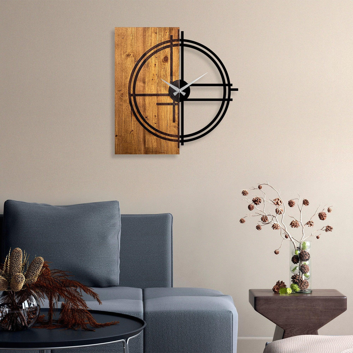 Ceas de perete decorativ din lemn Wooden Clock 38, Nuc deschis, 58x56 cm