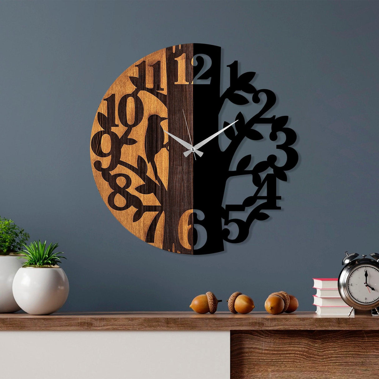 Ceas de perete decorativ din lemn Wooden Clock - 71, Nuc, 56x56 cm