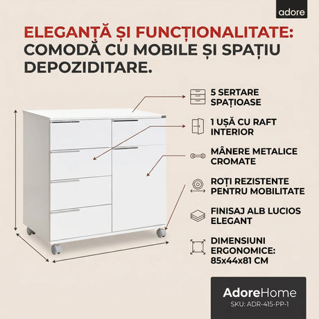 Comoda ADR-415-PP-1 Home Collection® Diamond, 1 usa, 5 sertare, cu rotile, Alb Lucios, 85x44x81 cm