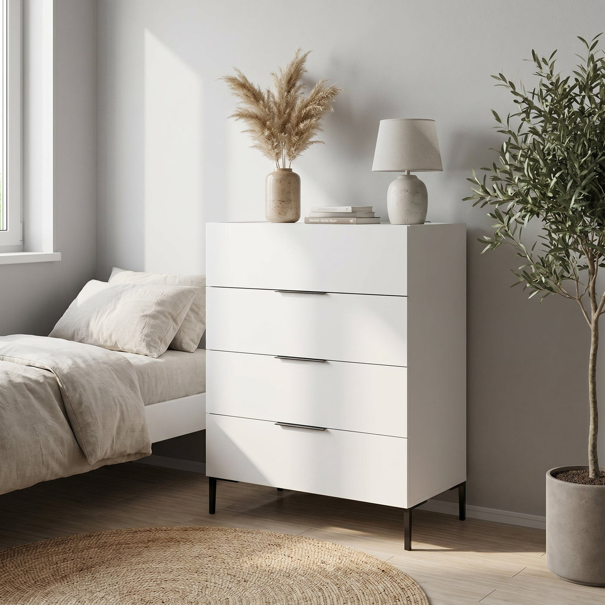 Comoda SFN-1740-DD-1 Home Collection® Oryana, 4 sertare, Alb - Nuc - Stejar, 80x104x44 cm - Comoda SFN-1740-DD-1 home collection Oryana, 4 sertare, Alb - Nuc - Stejar, 80x104x44 cm - SFN-1740-DD-1 | SKU: SFN-1740-DD-1
