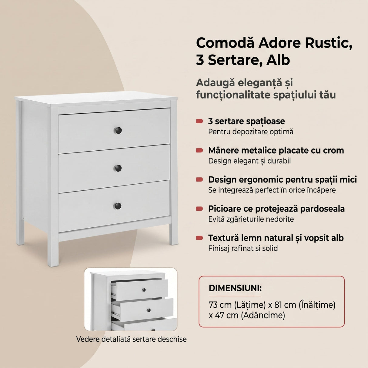 Comoda SFN-993-BB-1 Home Collection® Rustic, 3 sertare, Alb, 73x81x47 cm