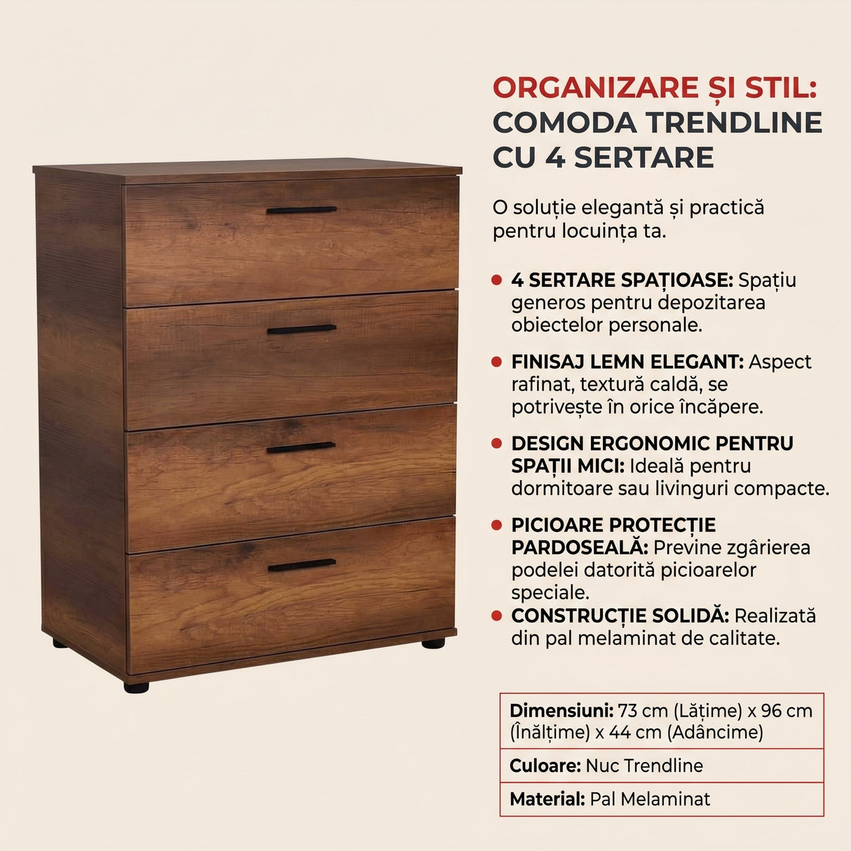 Comoda SFN-540-BB-1 Home Collection® Trendline, 4 sertare, Alb - Nuc, 73x96x44 cm - Nuc | SKU: SFN-540-BB-1, SFN-540-OO-1