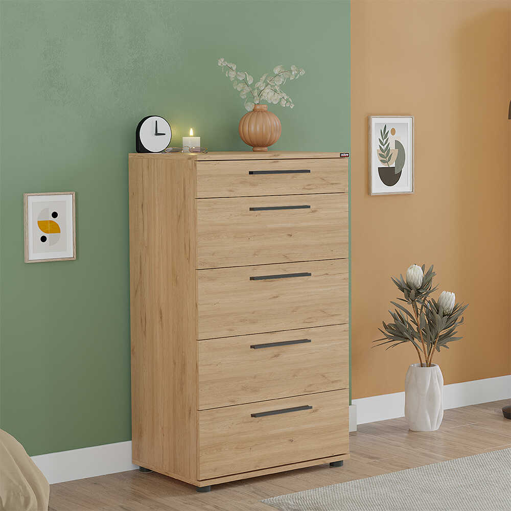 Comoda SFN-550-FF-1 Home Collection® Trendline cu 5 sertare, Alb - Maro - Stejar - Mov, 60x108x44 cm - Stejar | SKU: SFN-550-FF-1