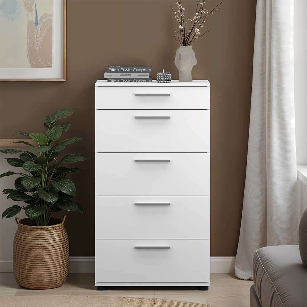 Comoda SFN-550-FF-1 Home Collection® Trendline cu 5 sertare, Alb - Maro - Stejar - Mov, 60x108x44 cm - Alb | SKU: SFN-550-BB-1