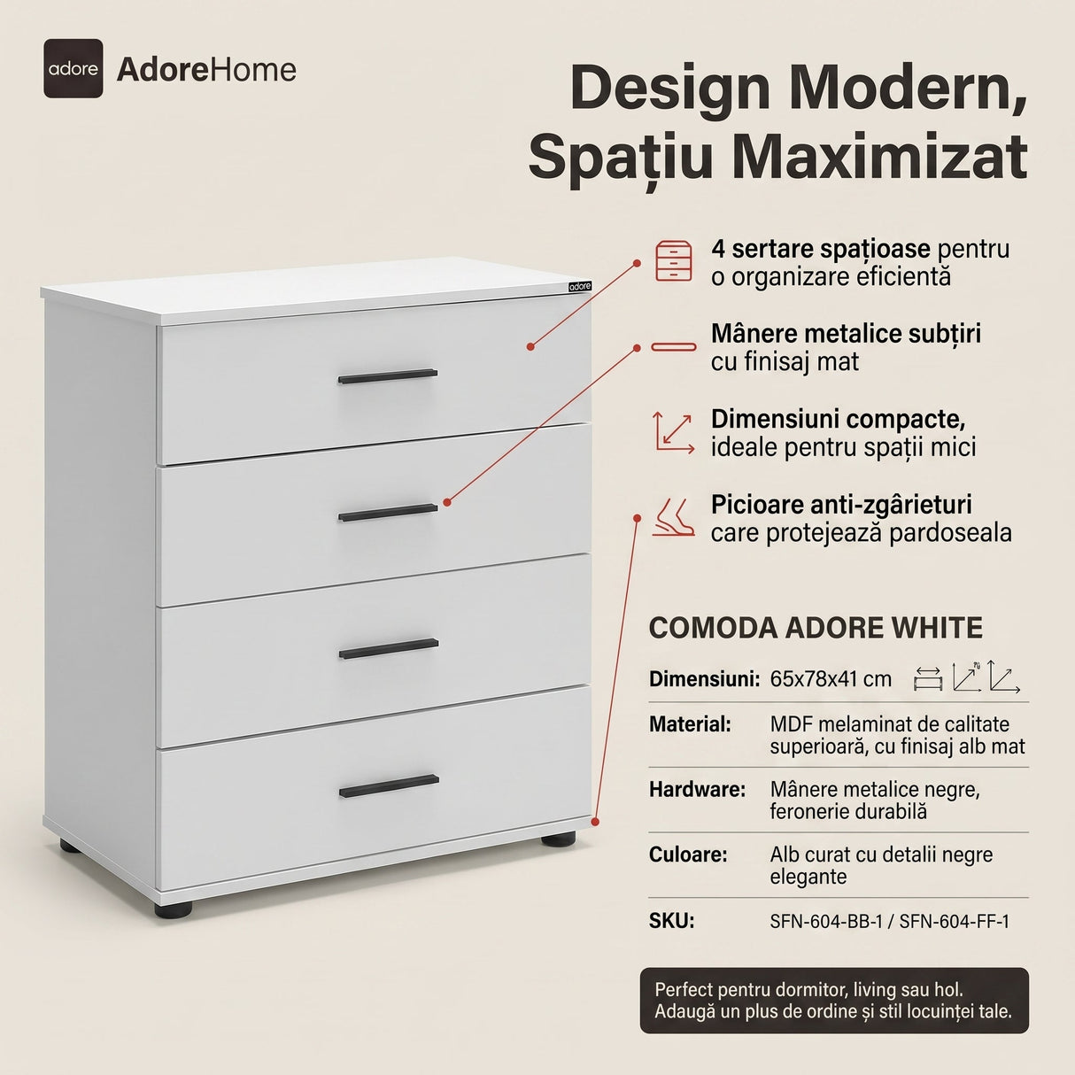 Comoda SFN-604-BB-1 Home Collection® White, 4 sertare, 65x78x41 cm - Alb | SKU: SFN-604-BB-1, SFN-604-FF-1