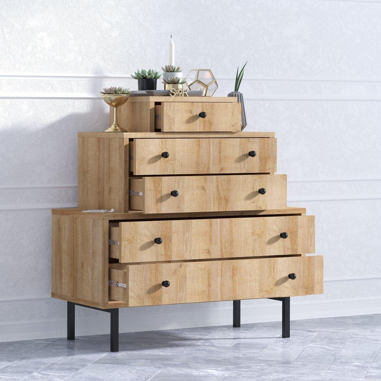 Comoda Bodrum cu 5 sertare, Stejar, 80x85x40 cm