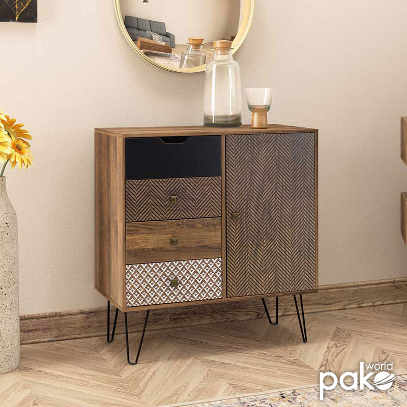 Comodă cu sertare și dulap Boho, Stil Boem, Lemn și Metal, 80x40x86 cm, imagine suplimentara
