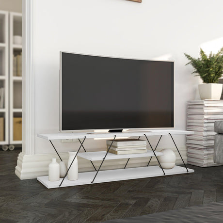 Comoda Tv Alparslan cu Raft, Alb - Gri, 120x33x33 cm