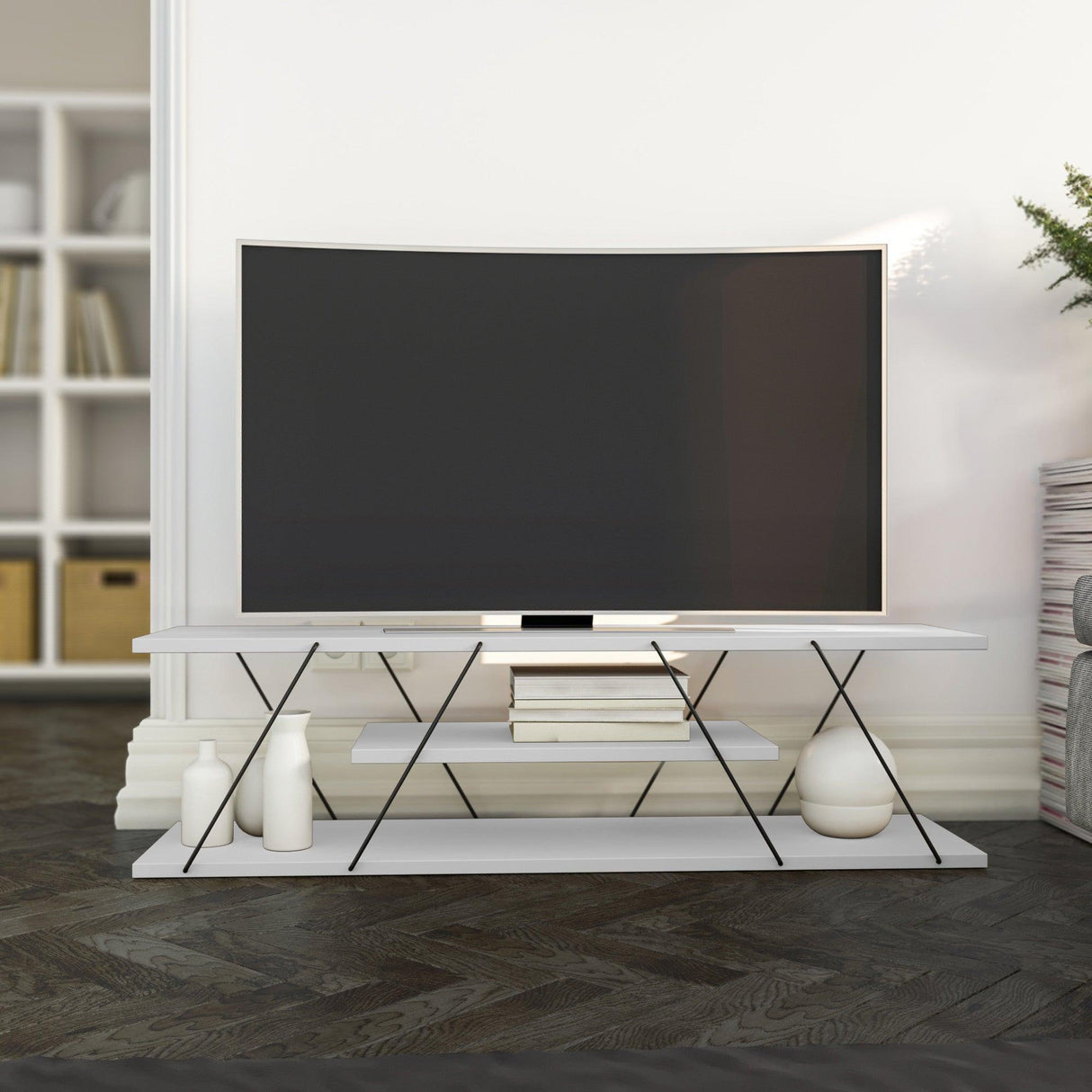 Comoda Tv Alparslan cu Raft, Alb - Gri, 120x33x33 cm - Alb