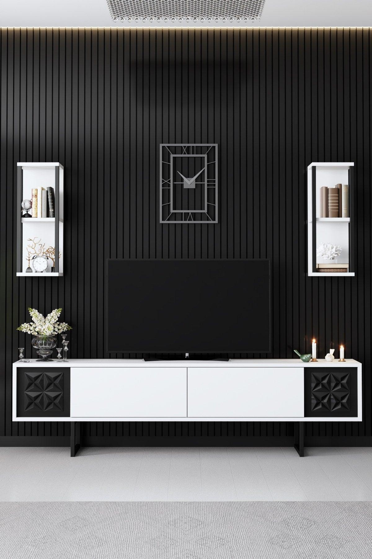 Comoda TV Black Line TV Stand Stylish, Gri, 180x30x18 cm - Alb negru