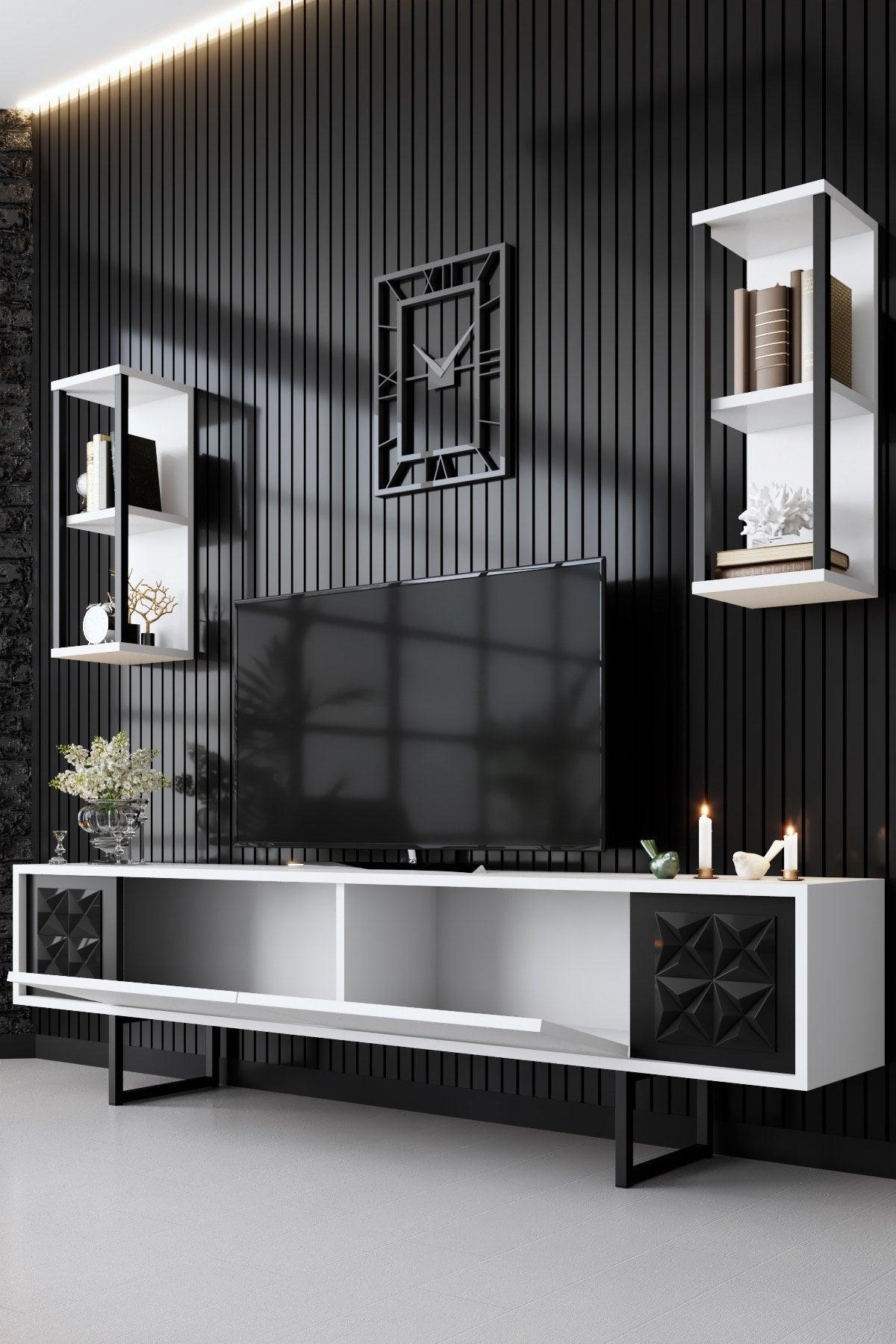 Comoda TV Black Line TV Stand Stylish, Gri, 180x30x18 cm - Alb negru