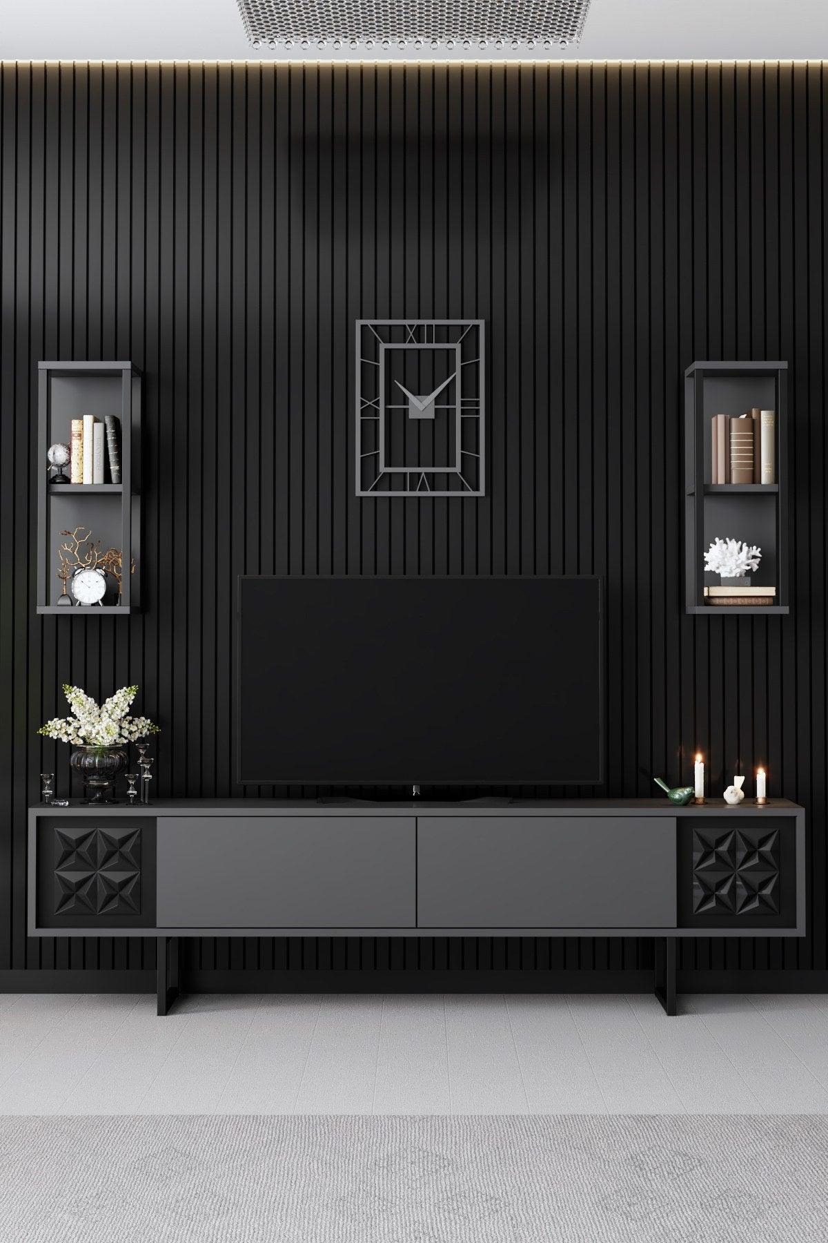 Comoda TV Black Line TV Stand Stylish, Gri, 180x30x18 cm - Negru Antracit