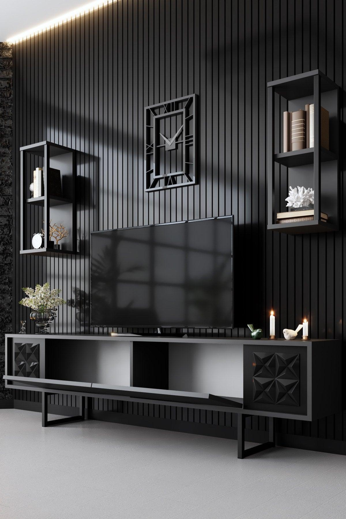 Comoda TV Black Line TV Stand Stylish, Gri, 180x30x18 cm - Negru Antracit
