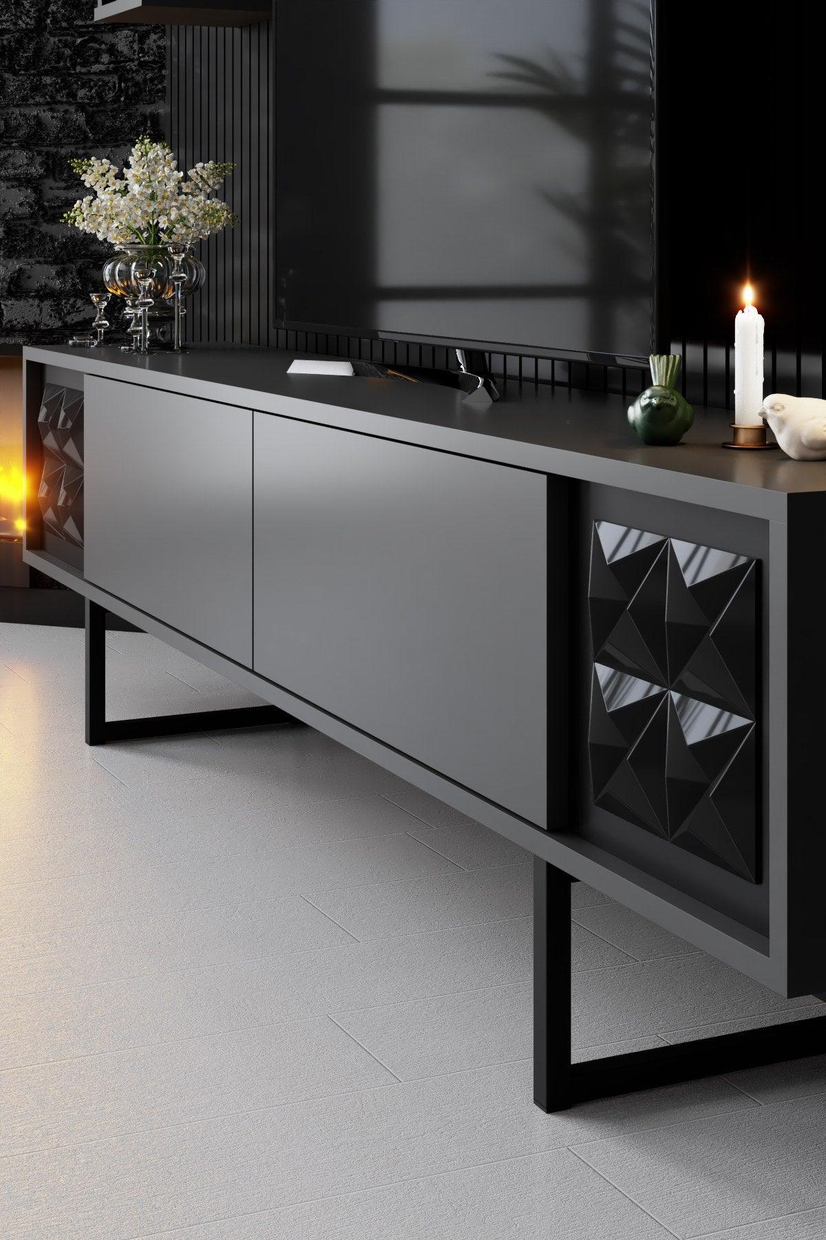 Comoda TV Black Line TV Stand Stylish, Gri, 180x30x18 cm - Negru Antracit