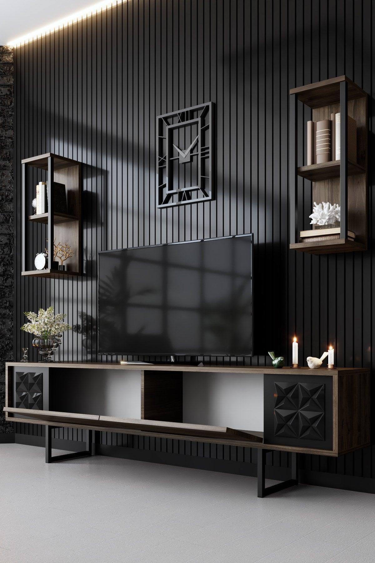 Comoda TV Black Line TV Stand Stylish, Gri, 180x30x18 cm - Nuc Negru