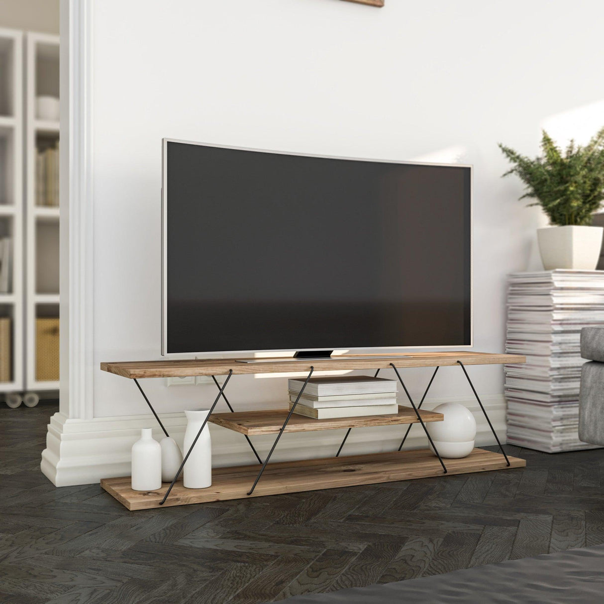 Comoda TV Canaz Negru-Walnut, Stejar - Galben, 120x33x33 cm - Stejar