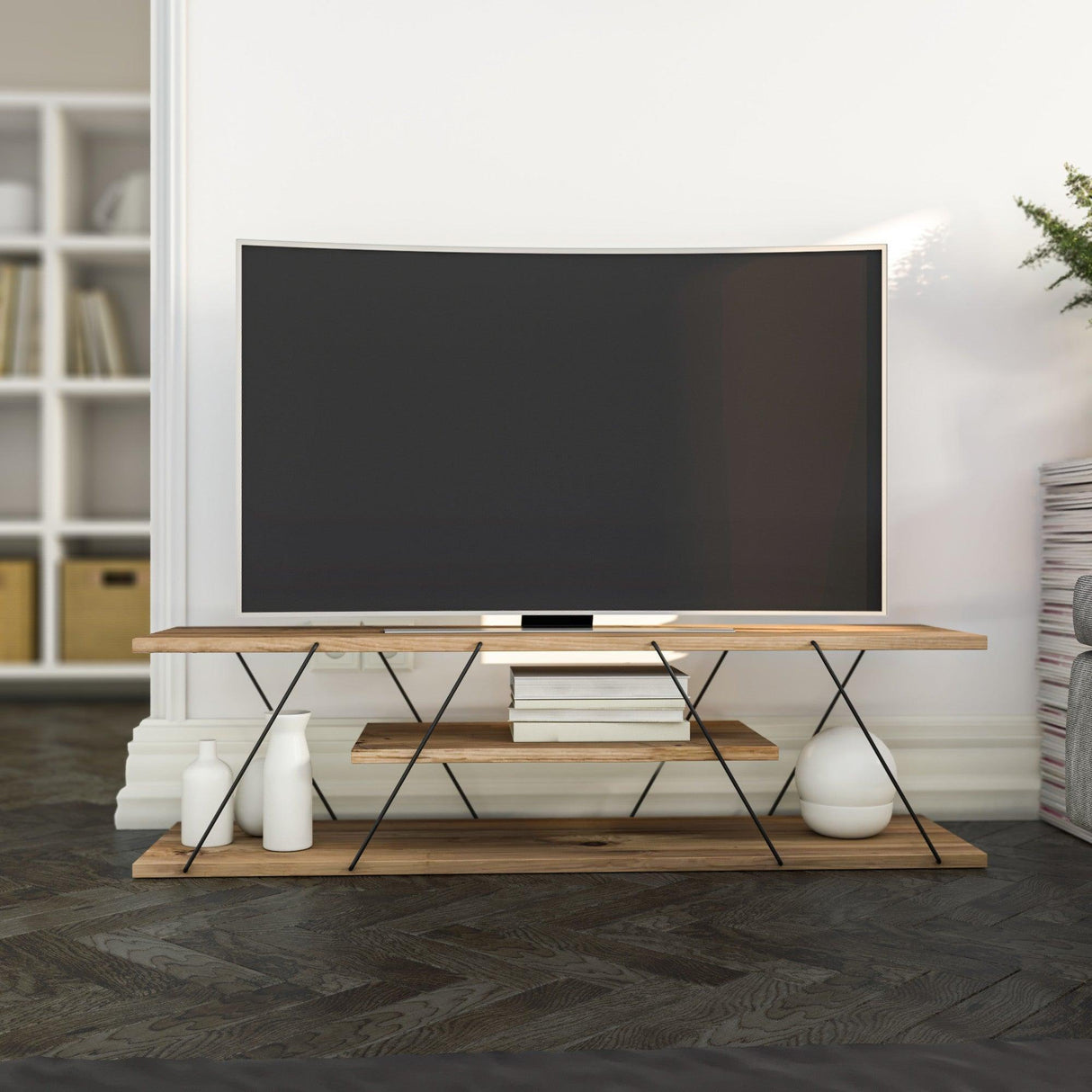 Comoda TV Canaz Negru-Walnut, Stejar - Galben, 120x33x33 cm - Negru