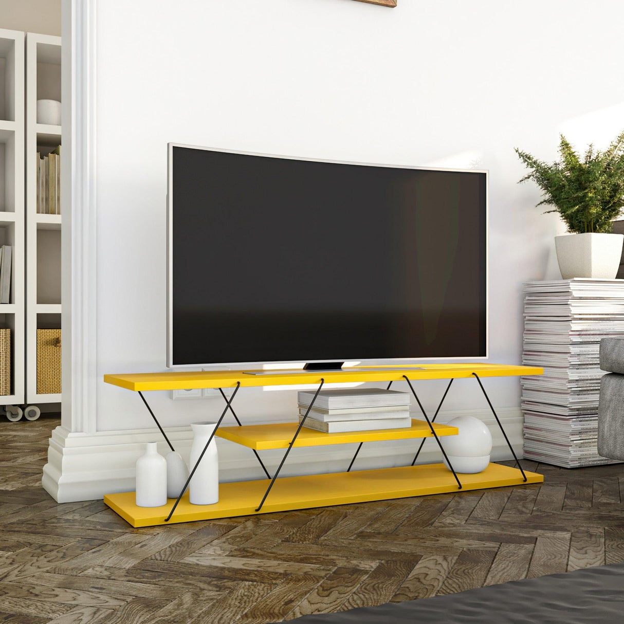 Comoda TV Canaz Negru-Walnut, Stejar - Galben, 120x33x33 cm - Galben