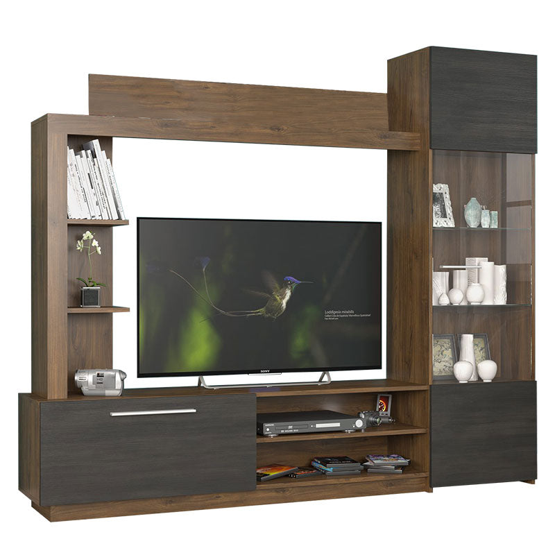 Comoda TV cu biblioteca June, Nuc - Stejar, 204x35x177 cm - Comoda TV cu biblioteca June, Nuc - Stejar, 204x35x177 cm