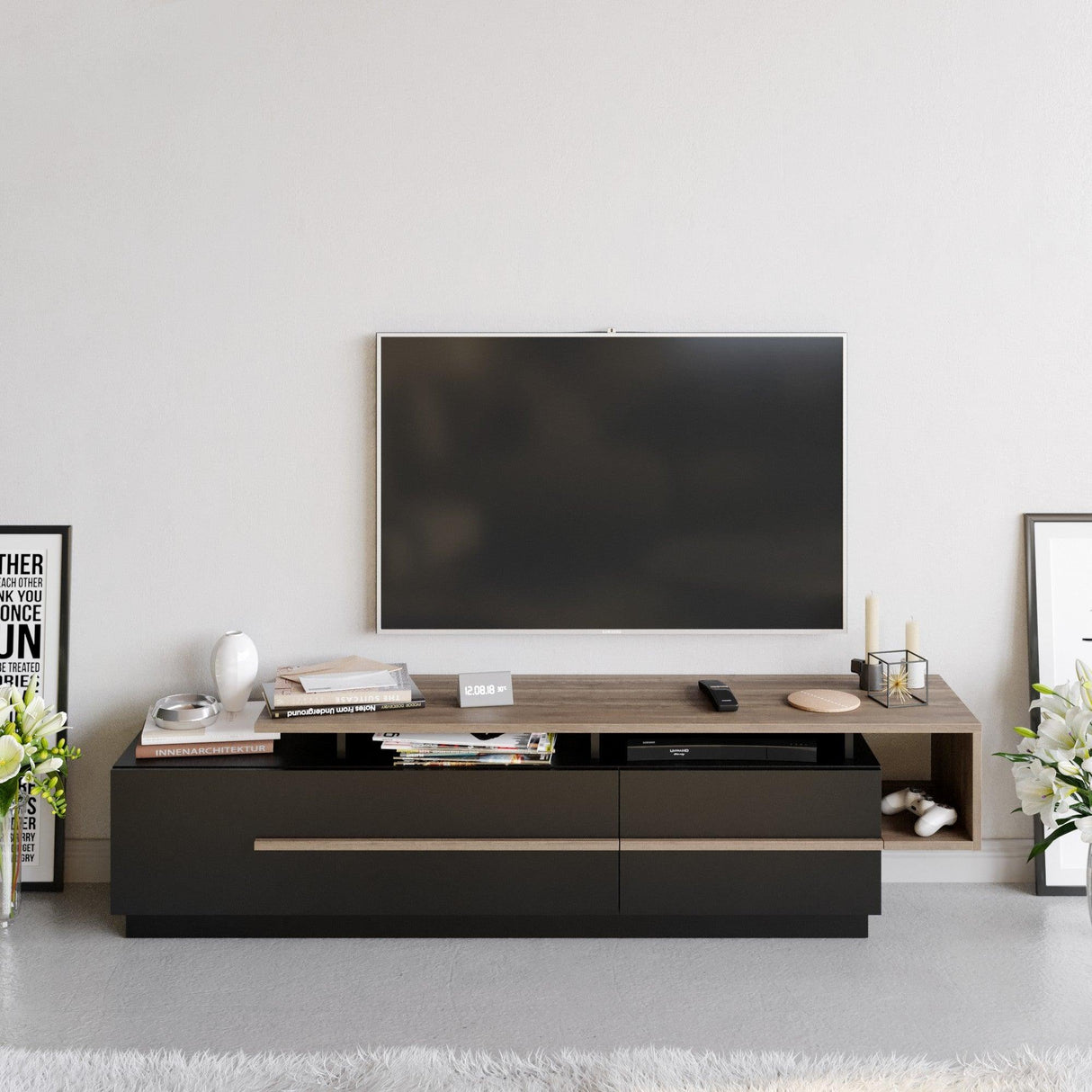 Comoda Tv Deniz, Negru, 180x46x39 cm
