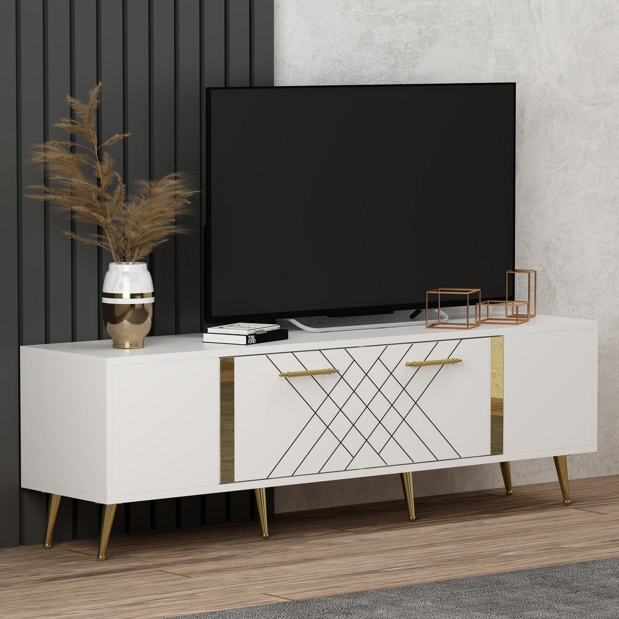 Comoda Tv Detas - White, Gold, Alb, 150x48x35 cm