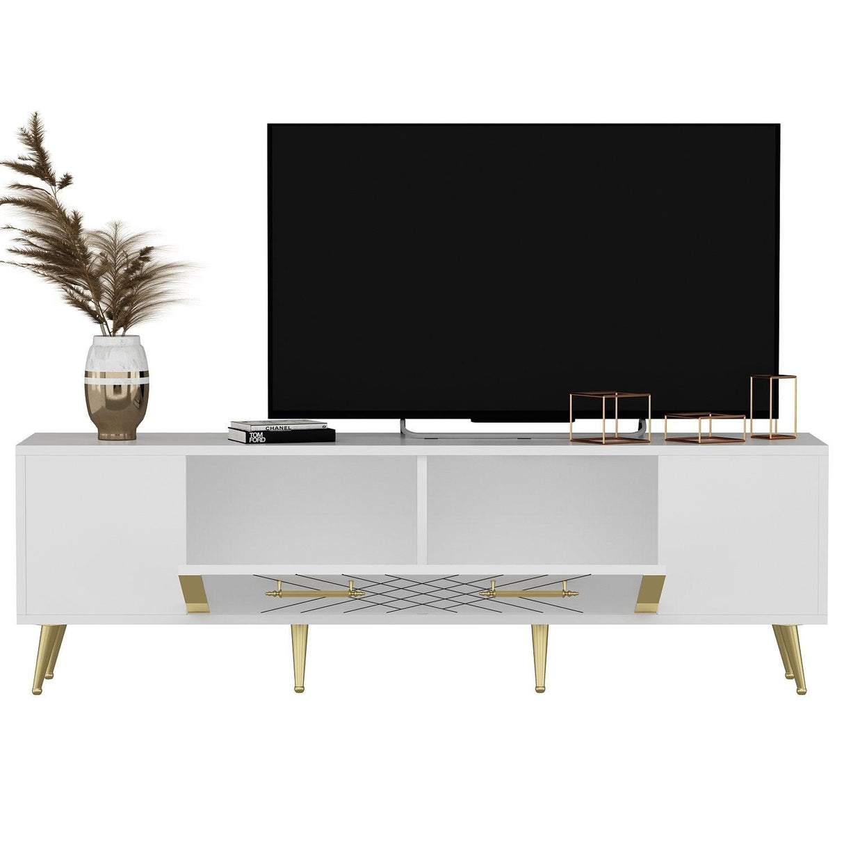 Comoda Tv Detas - White, Gold, Alb, 150x48x35 cm