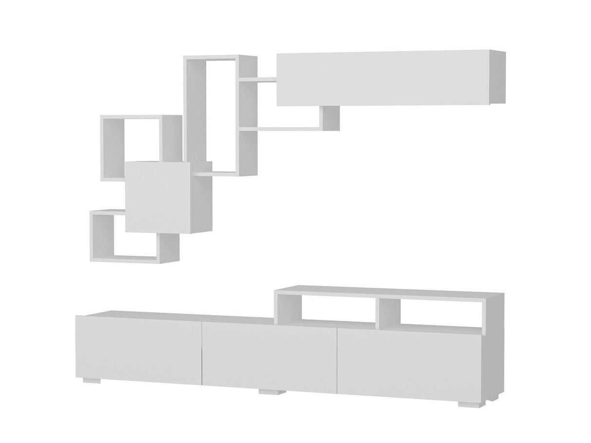 Comoda tv Elit cu Raft Suspendat, Alb - Nuc, 210x47x37 cm - Alb